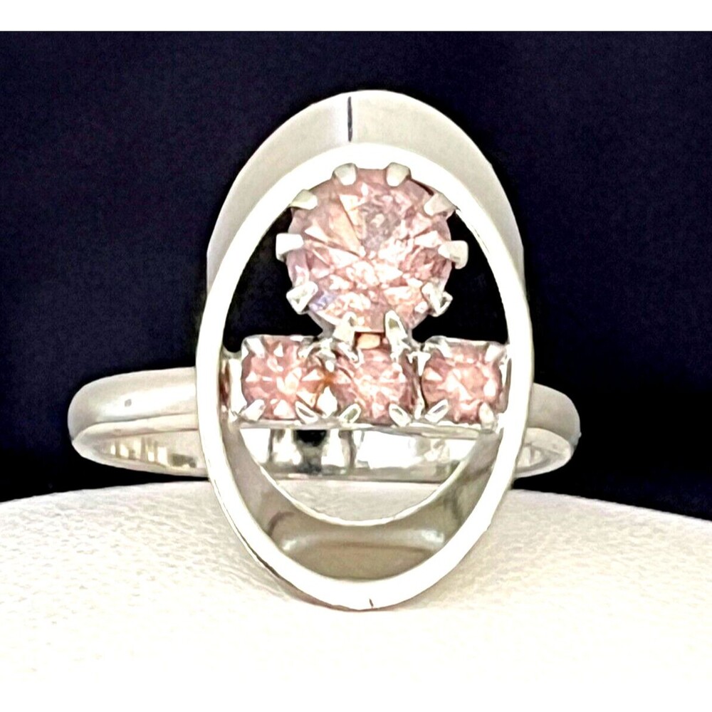 Vintage 1960s Cocktail Ring Silver Tone Pink Crystal Rhinestone Mid Century - 4K